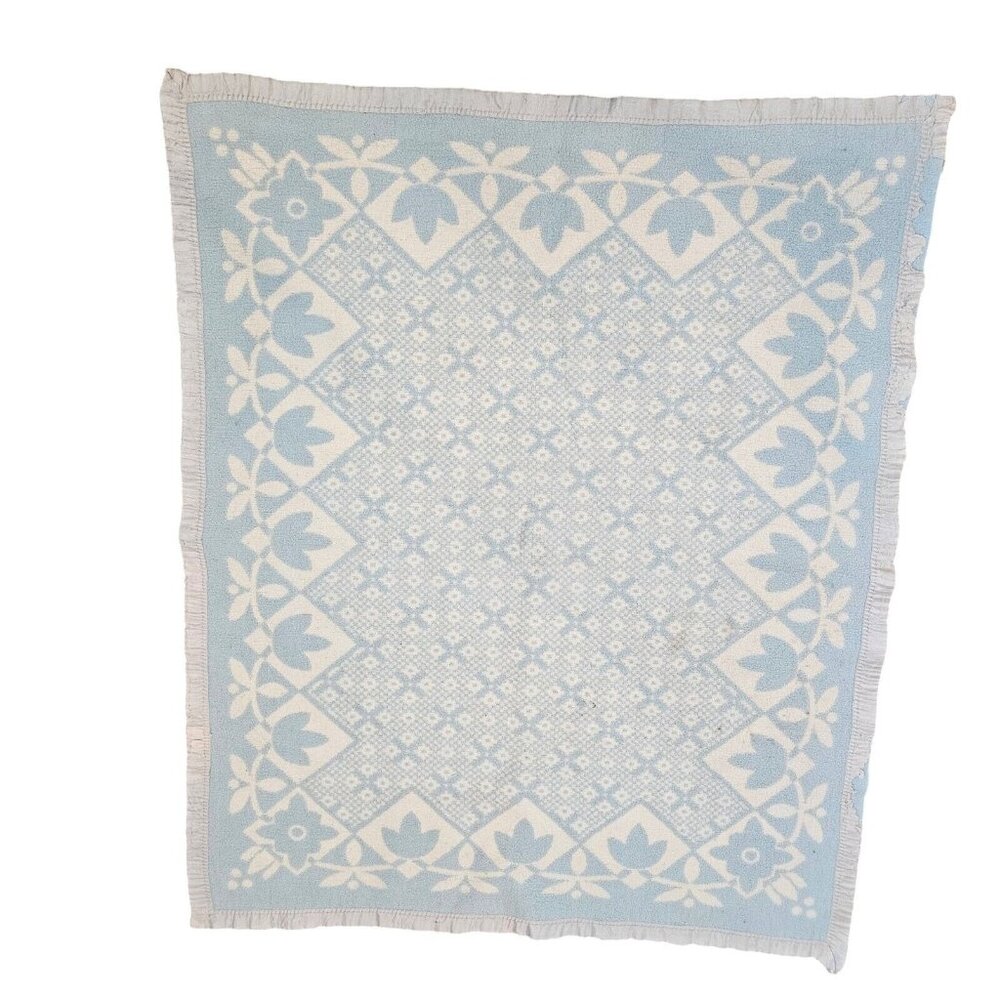 Vintage 50s Blue Baby Blanket Reversible Satin Trim‎ Floral White Well Loved